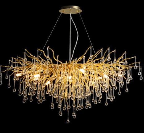 Decorbites Postmodern luxury chandelier with water drop crystal design, hanging from a ceiling in a modern interior setting.