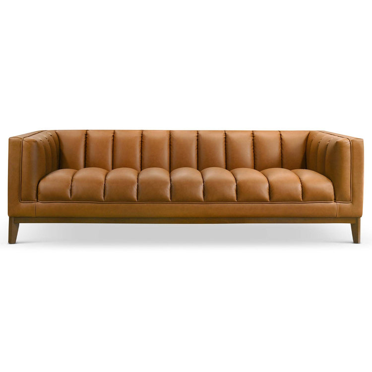 Mid Century Cognac Sofa from HouseOfZazla, Melissa vegan leather living room couch with sleek modern design and plush seating.