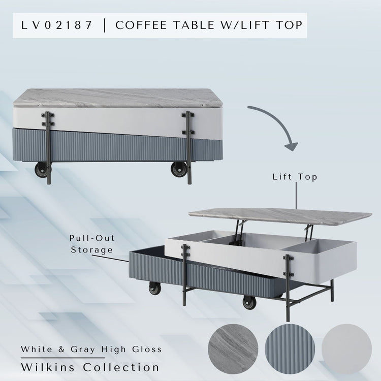 Gray and white high gloss Wilkins lift top coffee table by HouseOfZazla with metal legs and storage space.