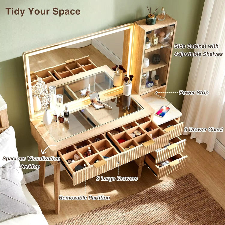 Makeup vanity with glass top, ample drawers, and built-in charging station
