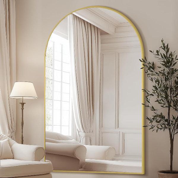 Full-length arched floor mirror with gold aluminum frame, shatterproof tempered glass, freestanding or wall-mounted by MIRRORONS