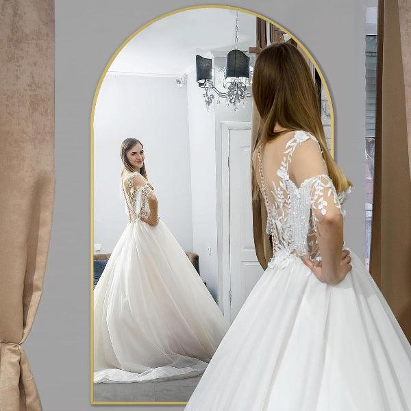 Gold arched full-length mirror with aluminum frame, shatterproof tempered glass, freestanding or wall-mounted by MIRRORONS
