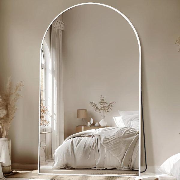 Large white MIRRORONS oversized floor mirror with thin aluminum frame, tempered glass, free-standing or hanging option for bedroom or living room.