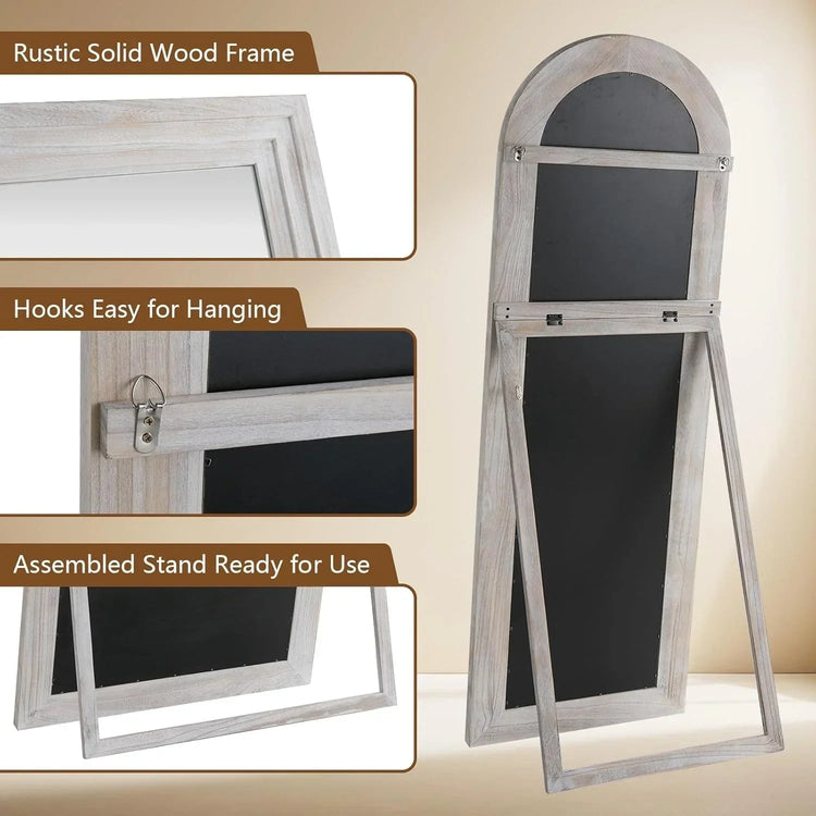 Full-length arched floor mirror with rustic wood frame, freestanding design, shatterproof tempered glass from MIRRORONS.