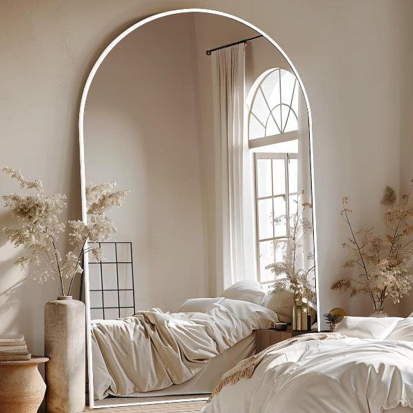 Large white MELOMOIR oversized floor mirror with a thin aluminum frame, free-standing or hanging, featuring tempered glass.