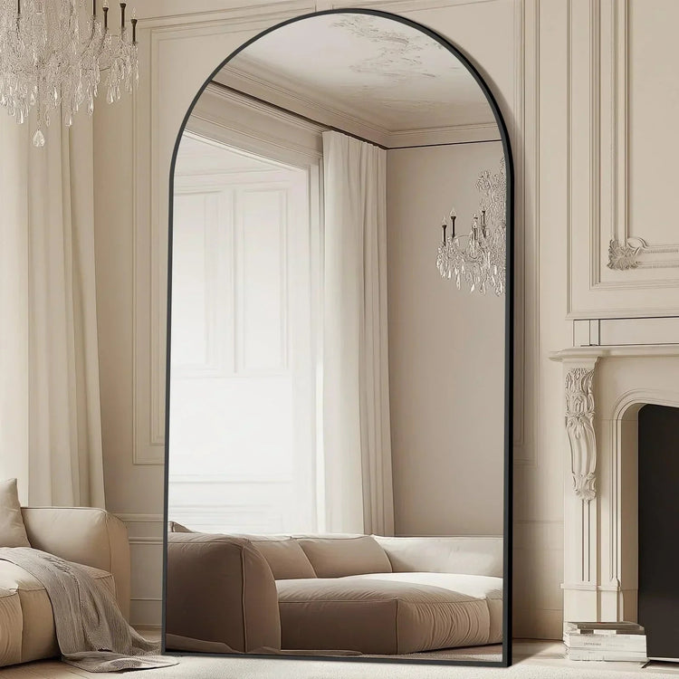 Full-length freestanding arched floor mirror with gold aluminum frame, oversized design by MIRRORONS.