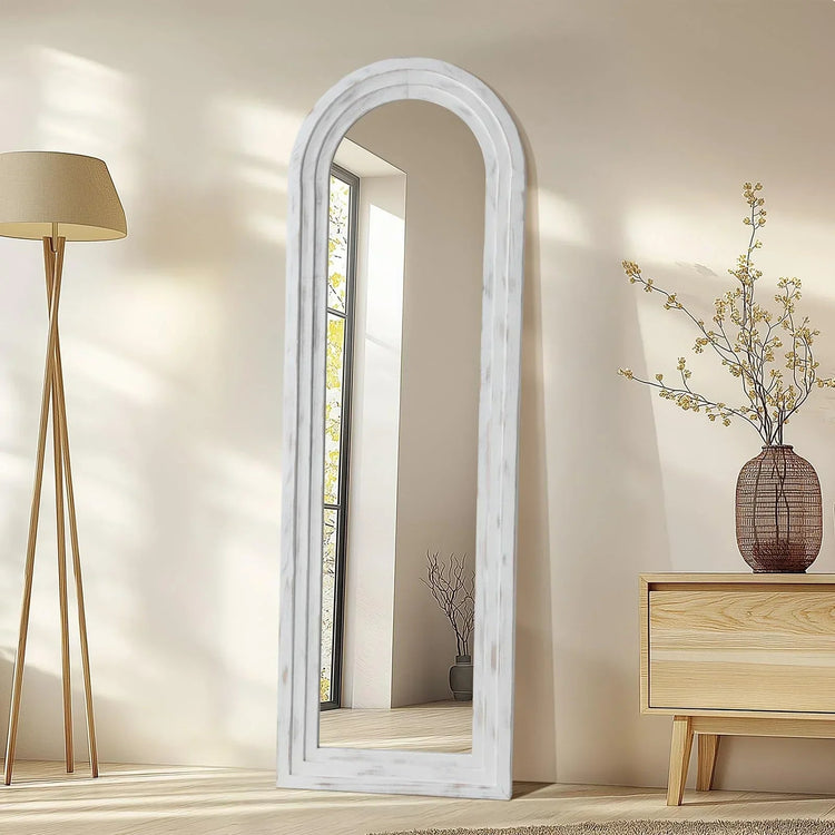 Arched full-length MIRRORONS floor mirror with rustic wood frame, freestanding design, shatterproof tempered glass.