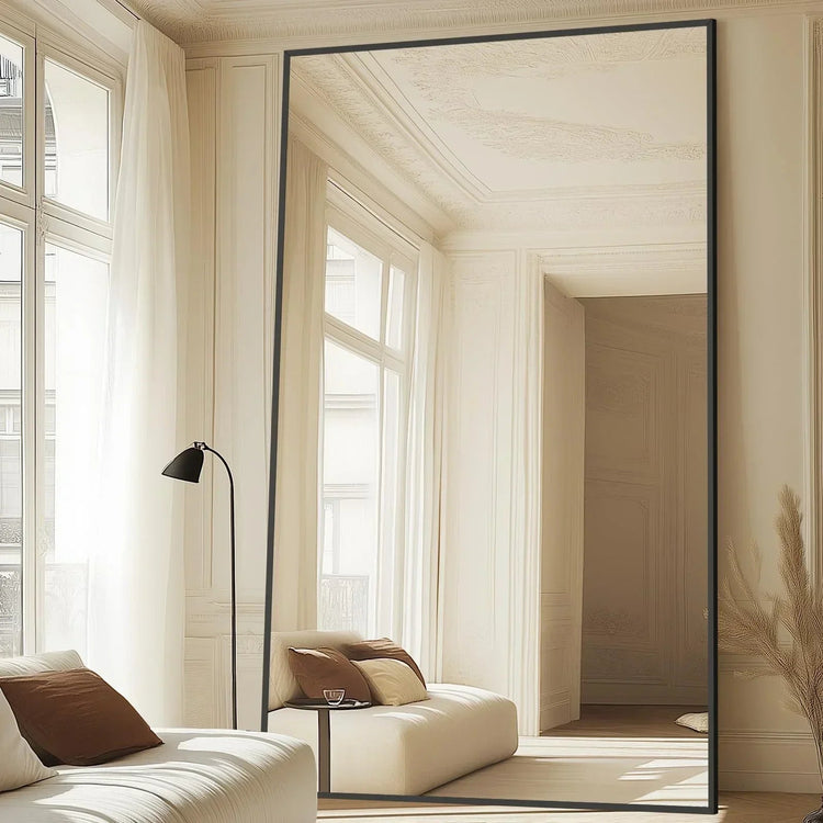Oversized freestanding arched floor mirror with gold aluminum frame, full-length design by MIRRORONS.