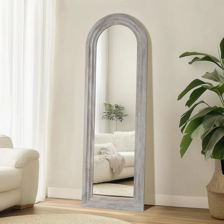Arched full-length floor mirror with rustic wood frame, freestanding design, shatterproof tempered glass, MIRRORONS farmhouse style