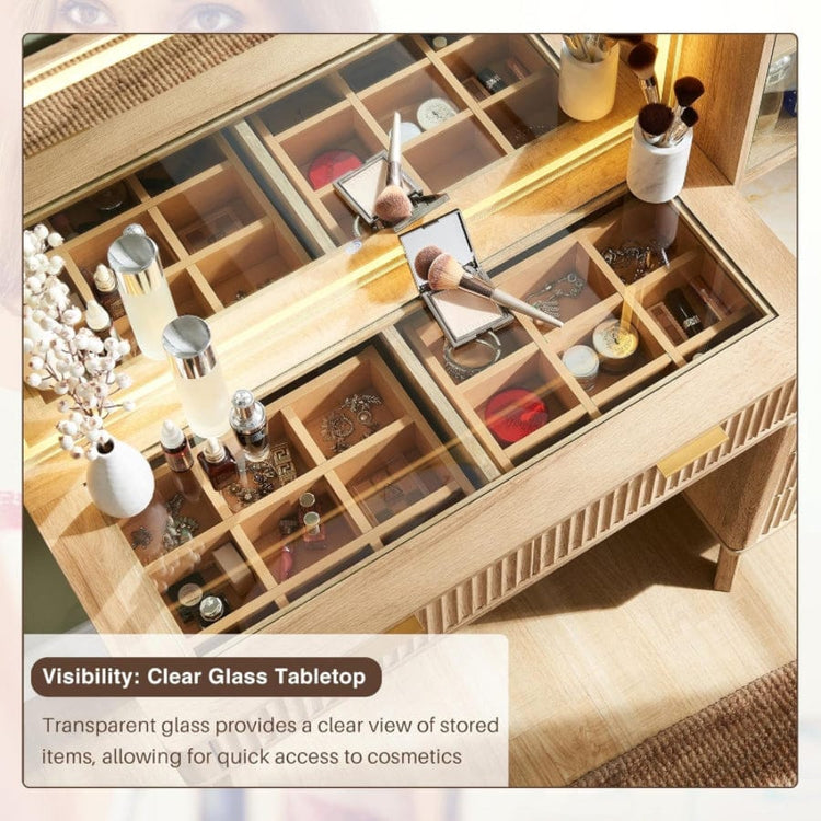 Stylish makeup vanity with storage, lighting, and charging features