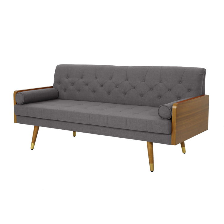 A grey fabric Aidan mid-century modern tufted sofa with clean lines and plush cushioning for stylish living room seating.