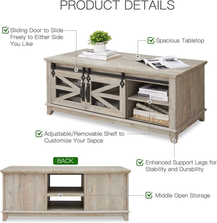 48'' Coffee Table with Storage & Sliding Barn Doors - Modern Home & Kitchen