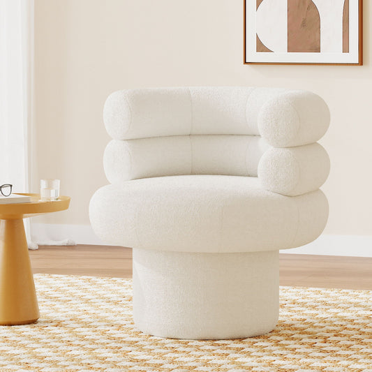 HouseOfZazla round swivel accent chair with plush Teddy fleece upholstery and barrel design, perfect for cozy lounge spaces.