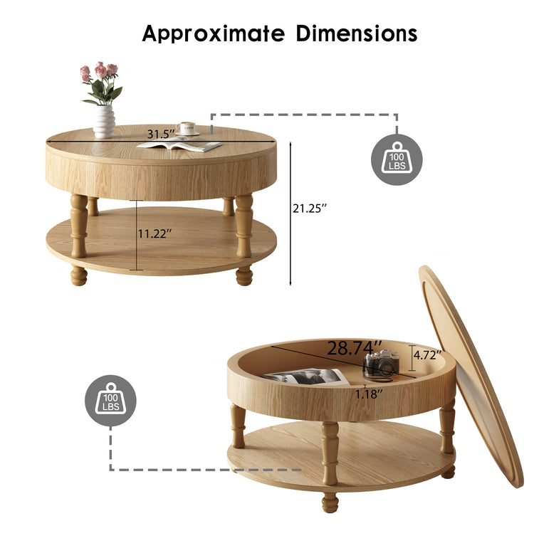 Round HouseOfZazla coffee table with lift-top, dual storage compartments, and wood finish, ideal for living room organization.
