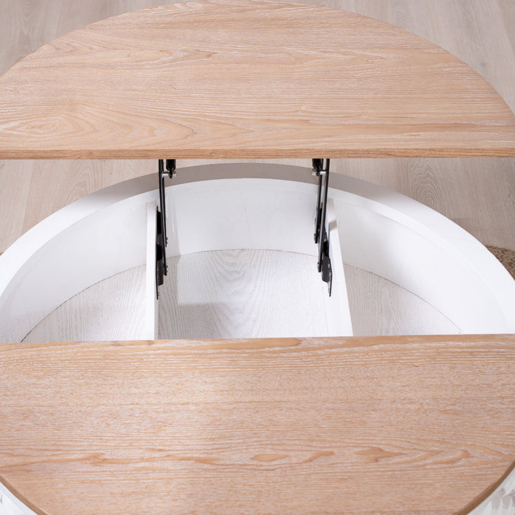Boho farmhouse round lift-top coffee table with storage from HouseOfZazla, featuring a natural wood finish and stylish design.