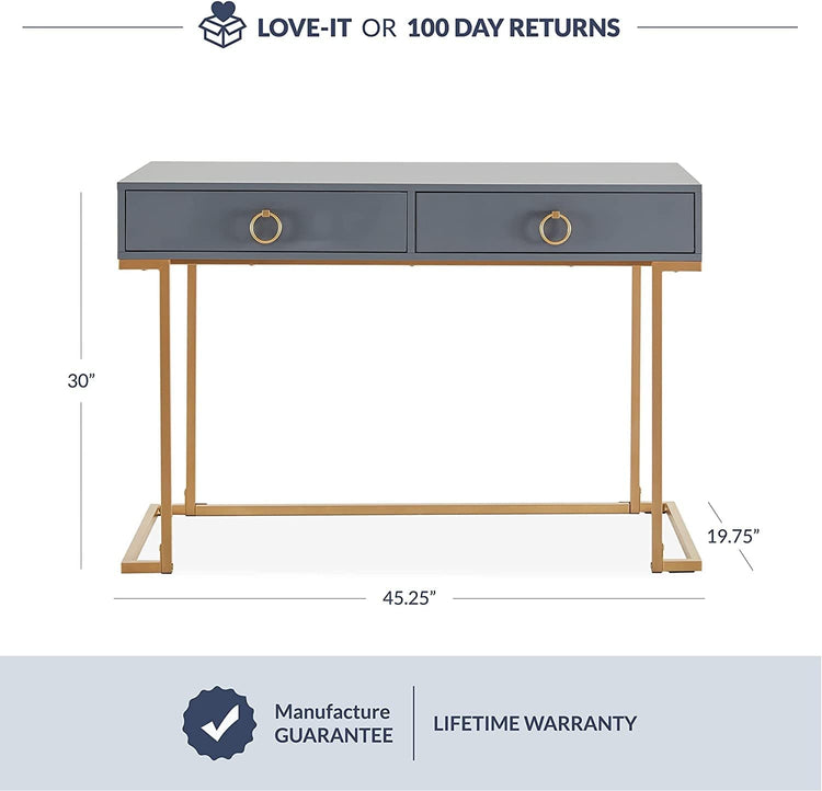 Compact white vanity desk with storage compartments and sleek design