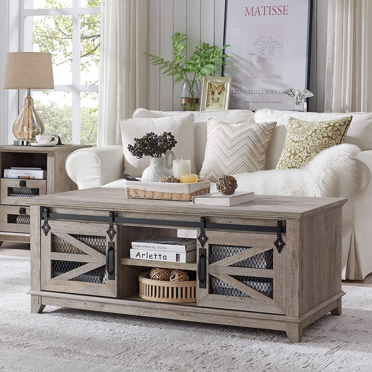 48'' Coffee Table with Storage & Sliding Barn Doors - Modern Home & Kitchen