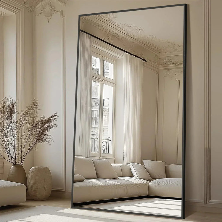 Oversized freestanding arched floor mirror with a gold aluminum frame, full-length design by MIRRORONS.