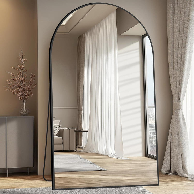 Full-length gold arched freestanding floor mirror with aluminum frame by MIRRORONS, showcasing its elegant, modern design.