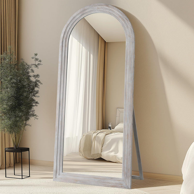 Arched full-length MIRRORONS floor mirror with rustic wood frame, freestanding design, shatterproof tempered glass, farmhouse style.