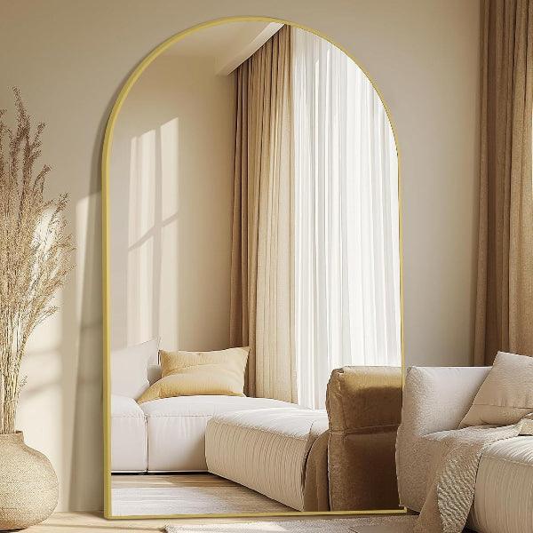 Gold aluminum framed arched full-length floor mirror with shatterproof tempered glass, freestanding or wall-mounted by MIRRORONS.