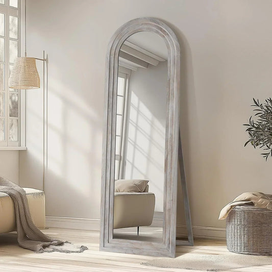 Arched full-length floor mirror with solid wood frame, rustic farmhouse style, freestanding design, shatterproof tempered glass.