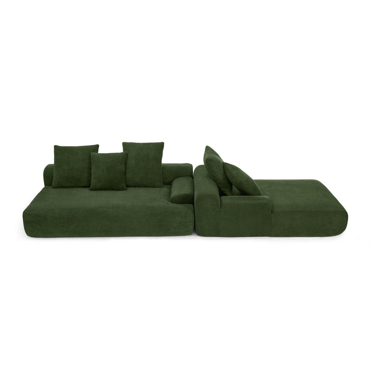 Green velvet L-shaped sectional sofa by HouseOfZazla, modern modular design with plush cushions and sleek fabric upholstery.