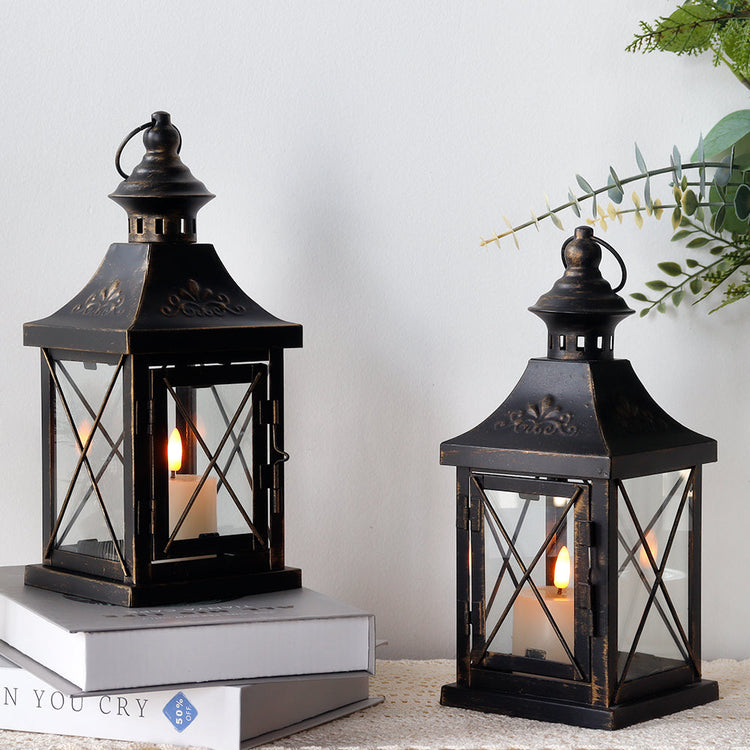 Black Candle Lanterns Set of 2 — 11" Metal and Glass Hanging Lanterns