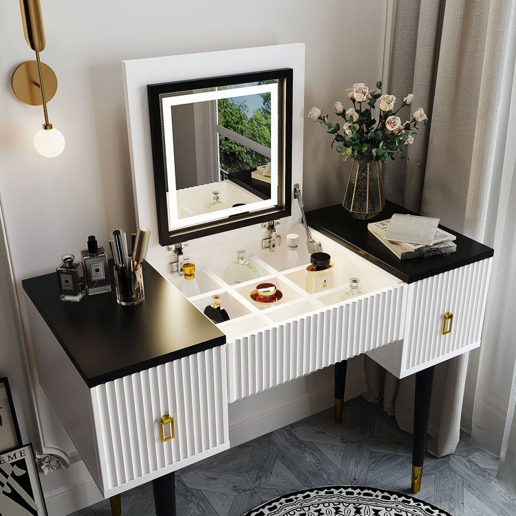 Sleek vanity table featuring black and white finish with LED lighting