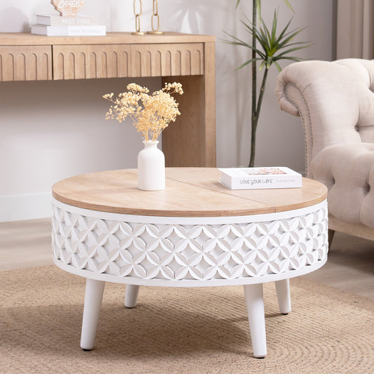 Round HouseOfZazla boho farmhouse coffee table with lift-top storage and natural wood finish, ideal for living room decor.