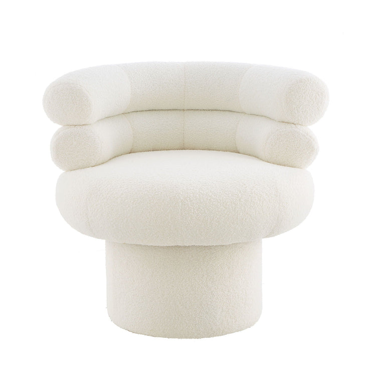 HouseOfZazla round swivel accent chair with plush teddy fleece upholstery and barrel shape, perfect for cozy lounge spaces.