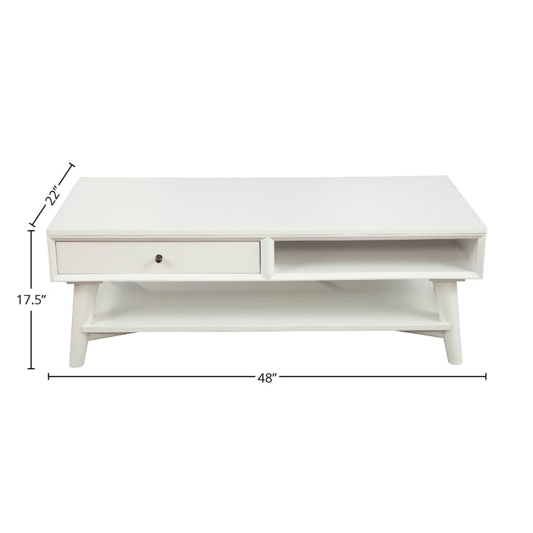 Flynn mid-century modern coffee table by Alpine Furniture with white finish, mahogany wood, drawer storage, and splayed legs.