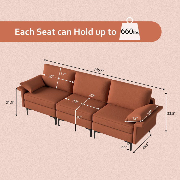 Large linen fabric 3-seat sectional sofa with USB ports, metal legs, high-density cushions, ideal for modern living rooms.
