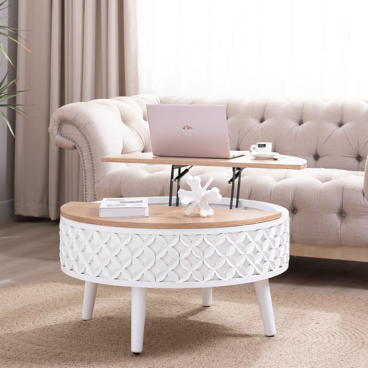 Boho farmhouse round coffee table with lift-top storage by HouseOfZazla, featuring a natural wood finish and stylish design.