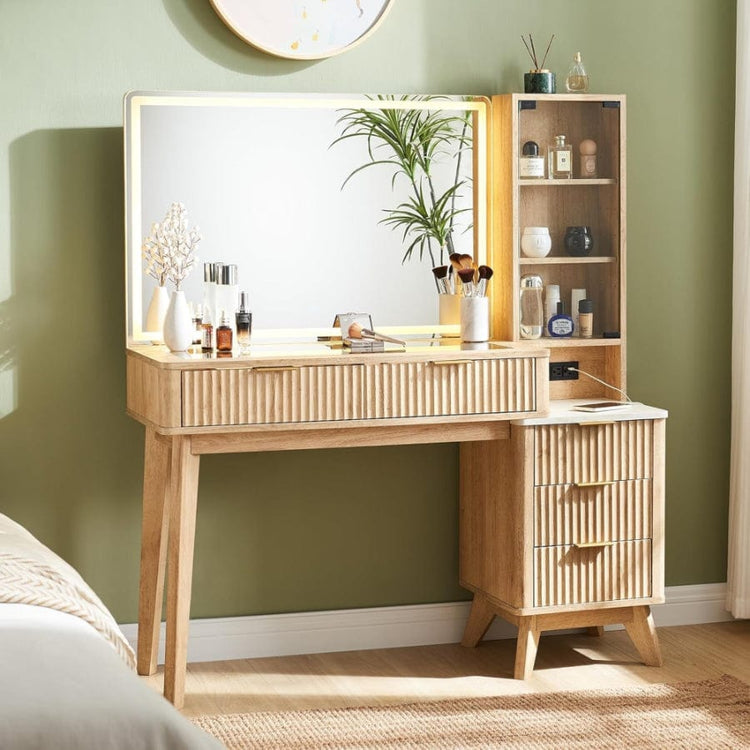Elegant makeup vanity with 5 drawers, lighting, and sleek design