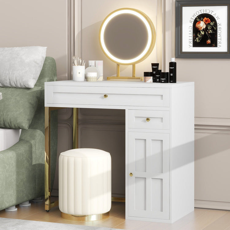 White and gold vanity desk with LED mirror and storage drawers