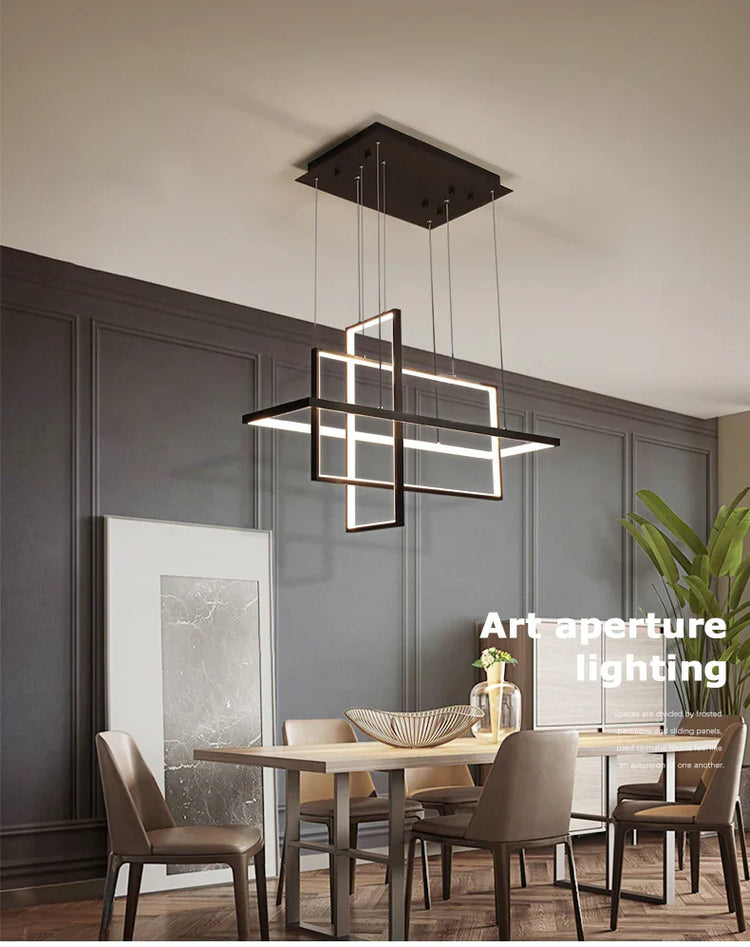 Dlight Decor LED rectangular pendant chandelier light hanging in a modern kitchen or dining room, providing stylish illumination.