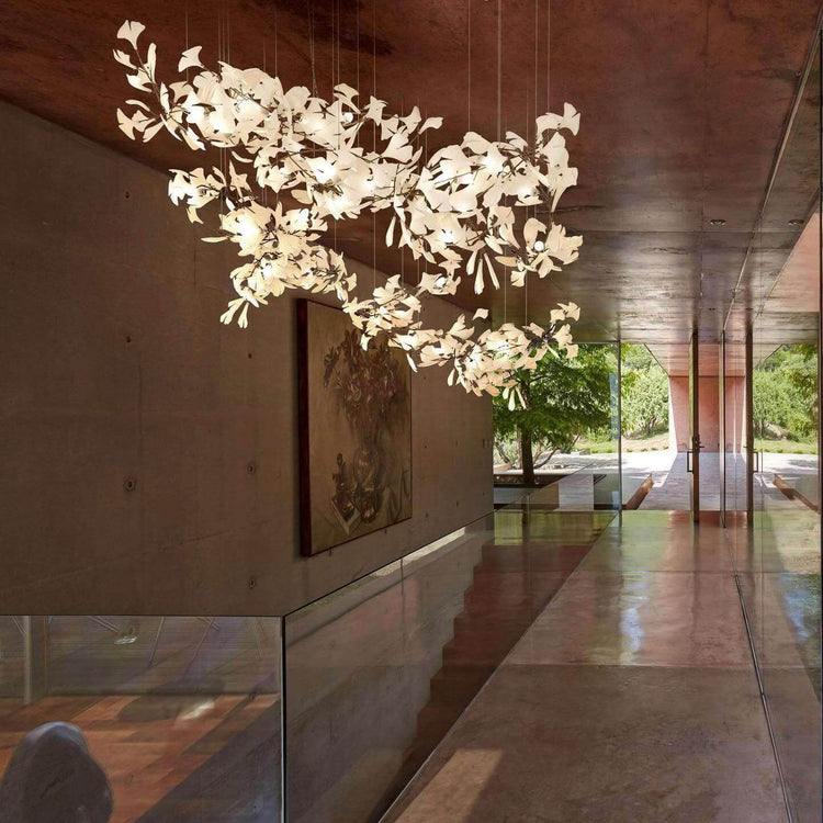 Gingko Style H chandelier by Vinlighting featuring an Art Deco linear design with leaf-shaped accents and elegant lighting elements.