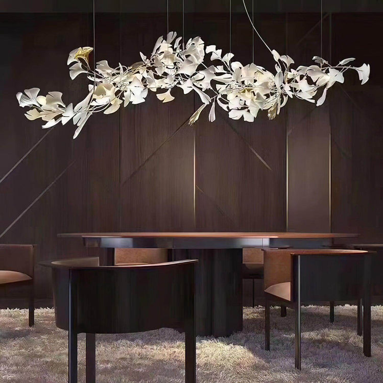 Gingko Style H chandelier by Vinlighting featuring an Art Deco linear design with sleek, elegant metal and glass elements.