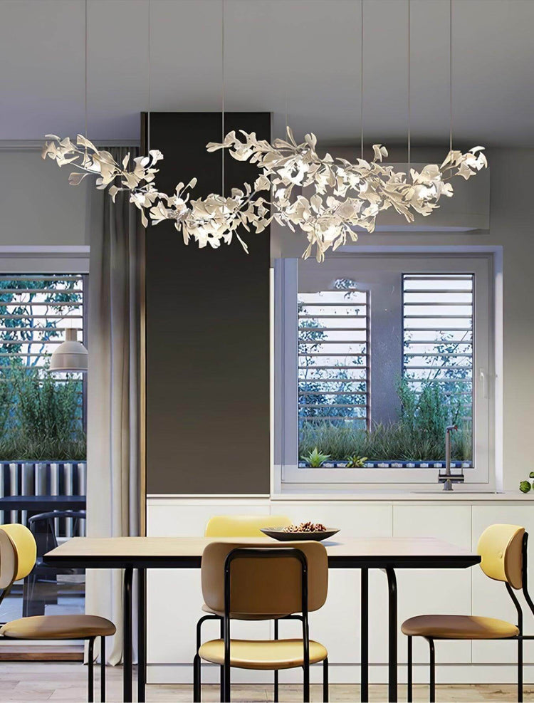 Vinlighting Gingko style chandelier H with art-deco linear design, featuring sleek metal frame and elegant lighting elements.