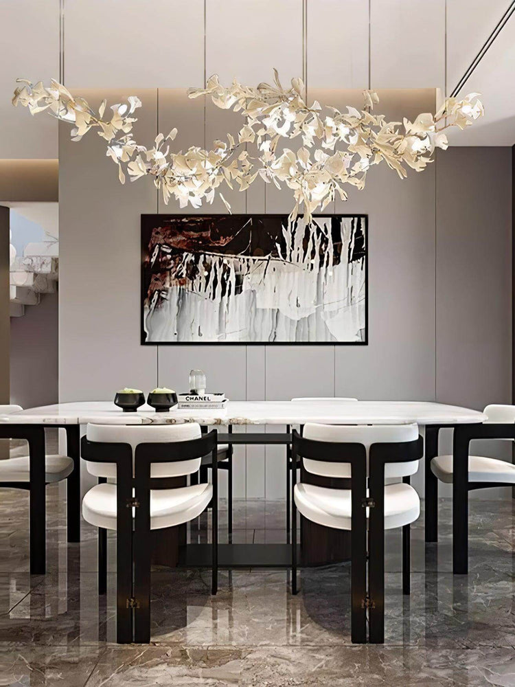 Gingko Style H chandelier by Vinlighting featuring an art-deco linear design with elegant hanging light fixtures.