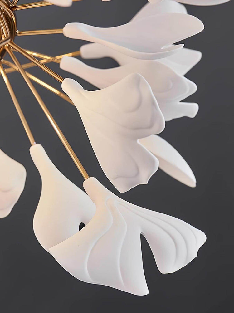 Gingko Style H chandelier by Vinlighting featuring an Art Deco linear design with leaf-shaped metal accents.