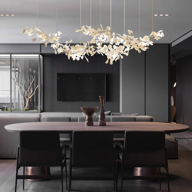 Gingko Style H chandelier by Vinlighting featuring an art deco linear design with elegant gold accents and multiple light bulbs.