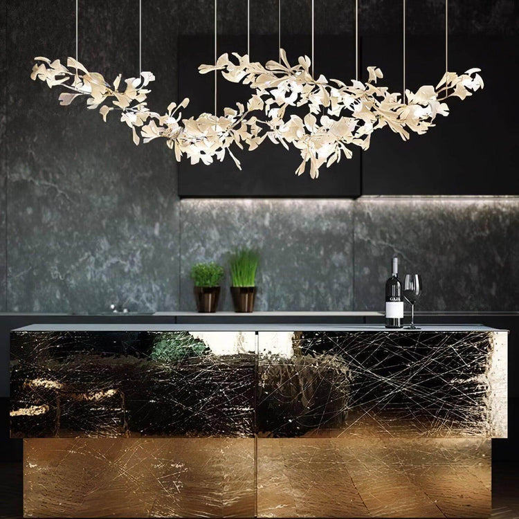 Vinlighting Gingko Style H chandelier featuring an Art Deco linear design with elegant hanging light fixtures.