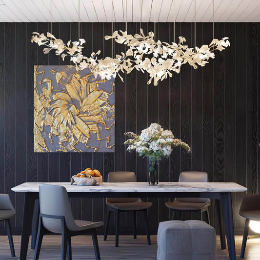 Gingko Style H chandelier by Vinlighting featuring an Art Deco linear design with elegant hanging elements and modern lighting.