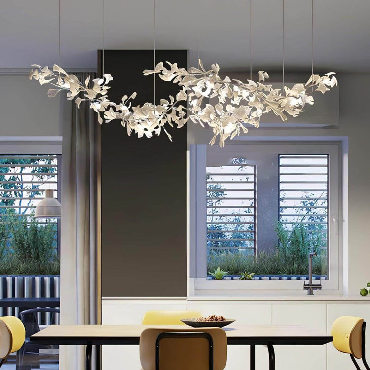 Gingko Style H chandelier by Vinlighting featuring art deco linear design with multiple light fixtures and elegant metal frame.