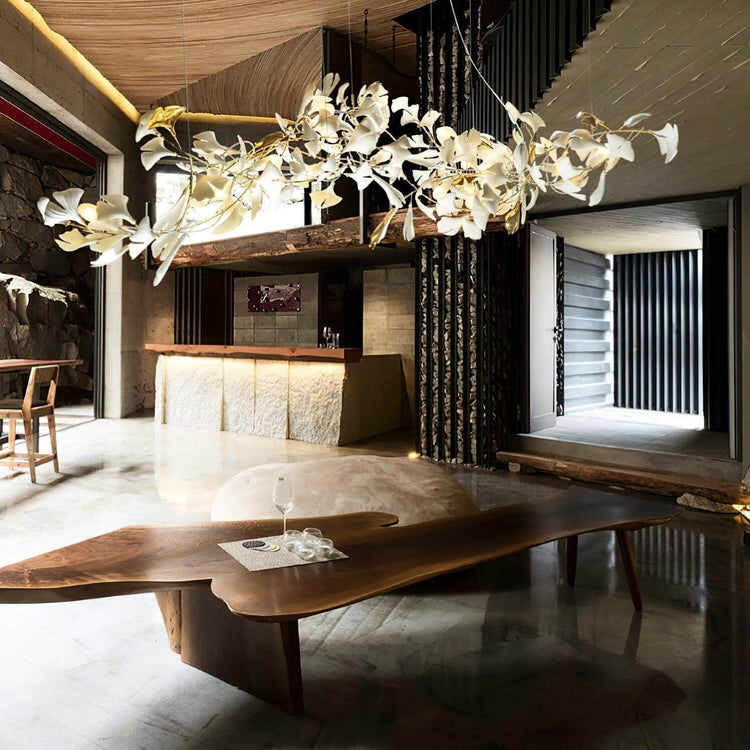 Vinlighting Gingko Chandelier Style H, Art Deco linear chandelier with leaf-inspired design and warm lighting accents.