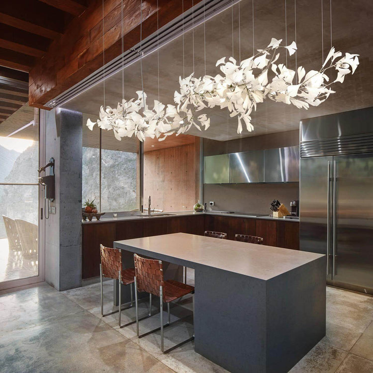 Gingko style chandelier by Vinlighting featuring a linear Art Deco design with multiple hanging light fixtures.