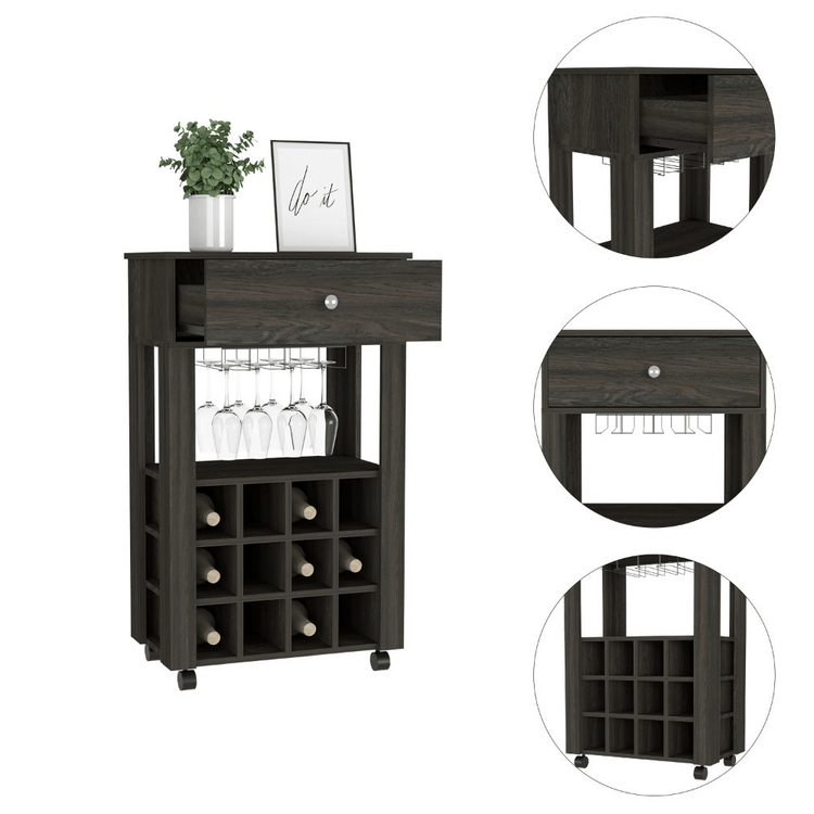 Espresso mobile bar cart with locking wheels and 12 bottle capacity