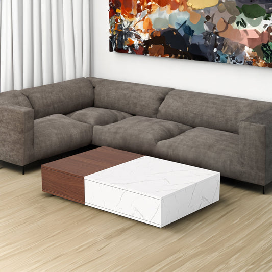 Modern walnut coffee table with built-in storage, perfect for contemporary living rooms, by V.I.P Digital Presence.